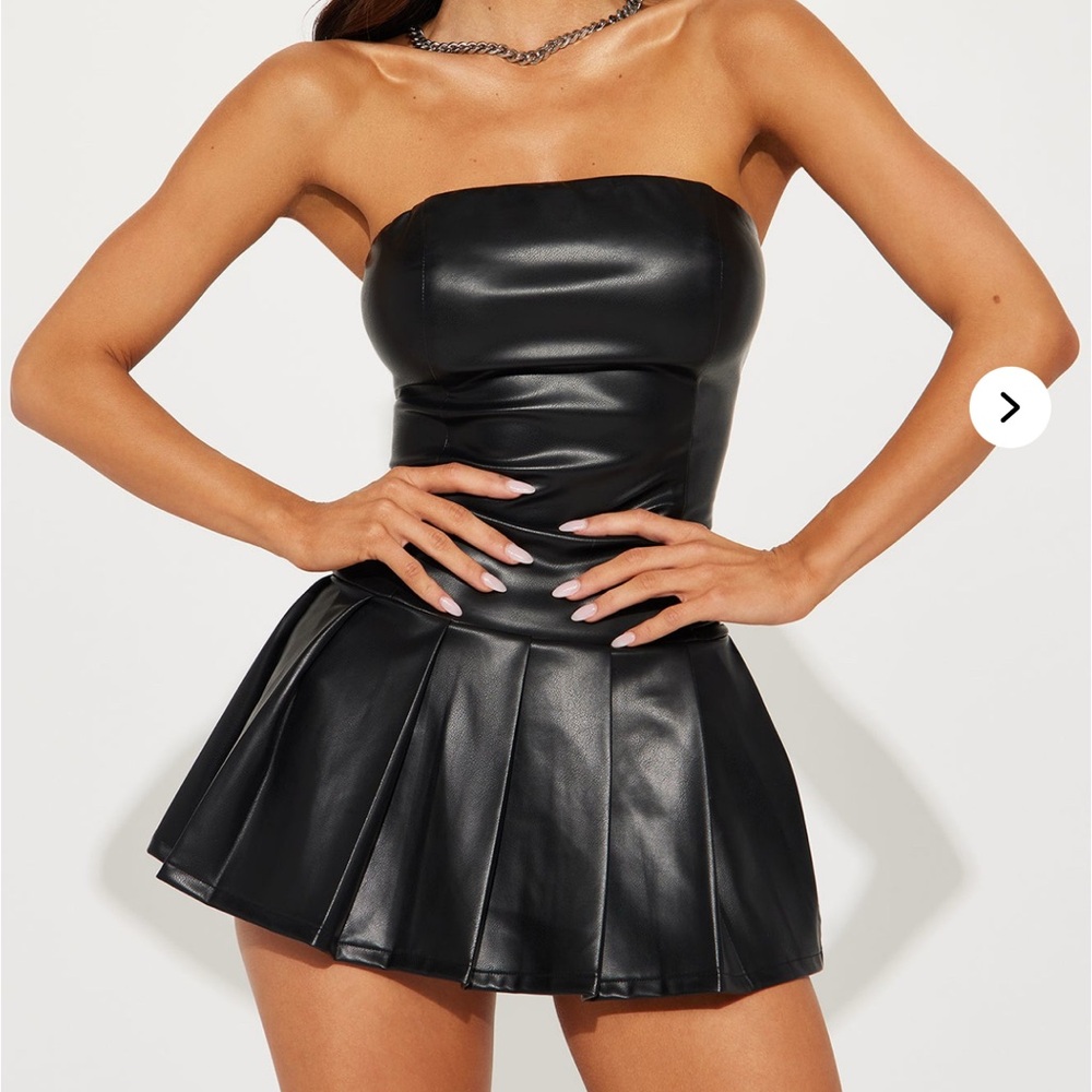 Black Strapless Leather Mini Dress